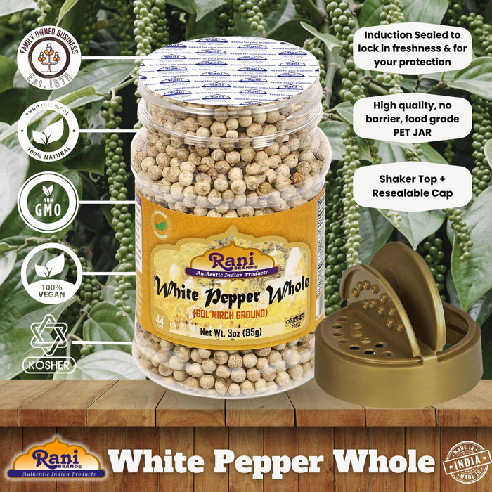 Rani White Pepper (Peppercorns) Whole, Spice 3oz (85g) ~ All Natural | Vegan | Gluten Friendly| NON-GMO | Kosher | Indian Origin