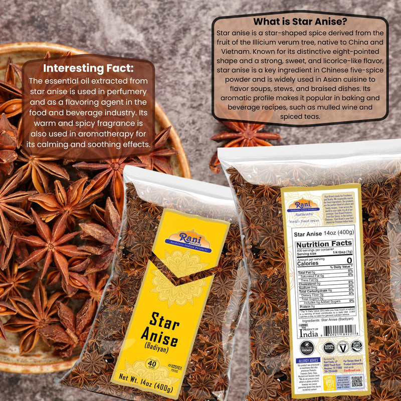 Rani Star Anise Seeds, Whole Pods (Badian Khatai) Spice 14oz (400g) ~ All Natural | Gluten Friendly | Kosher | Vegan | Whole Chinese Anise Star Sun Dried Spice, Anis Estrella / Illicium Verum, Widely Used for Baking, Drinks, Cooking, and Tea