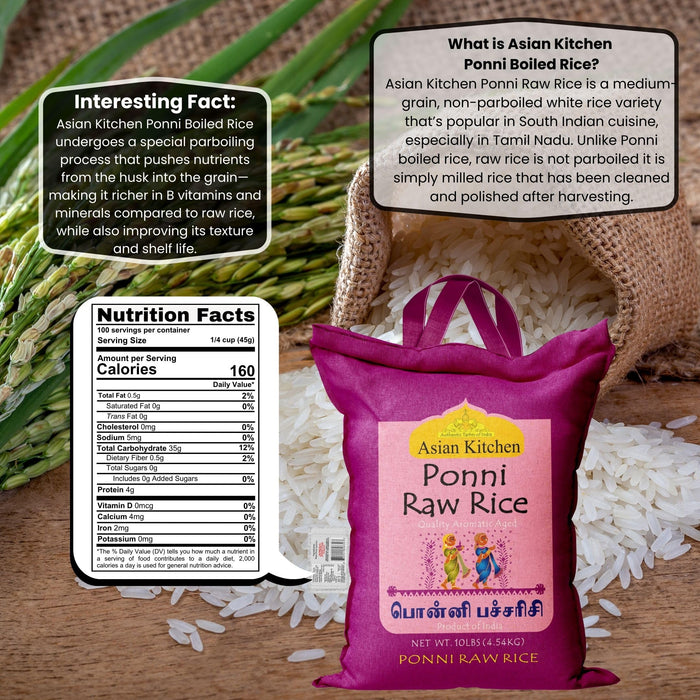 Asian Kitchen Ponni Raw Rice 10-Pound Bag, 10lbs (4.54kg) Short Grain Rice ~ All Natural | Gluten Friendly | Vegan | Export Quality