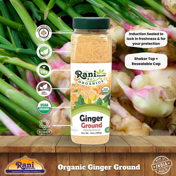 Rani Organic Ginger (Adarak) Powder Ground, Spice 14oz (400g) PET Jar ~ All Natural | Vegan | Gluten Friendly | NON-GMO | Kosher | Indian Origin | USDA Certified Organic