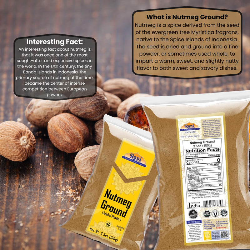 Rani Nutmeg (Jaiphul) Ground Powder Spice 3.5oz (100g) ~ Perfect for Baking, Cooking, Smothies, Lattes & Dessert, All Natural | Vegan | Gluten Friendly | NON-GMO | Kosher | Indian Origin