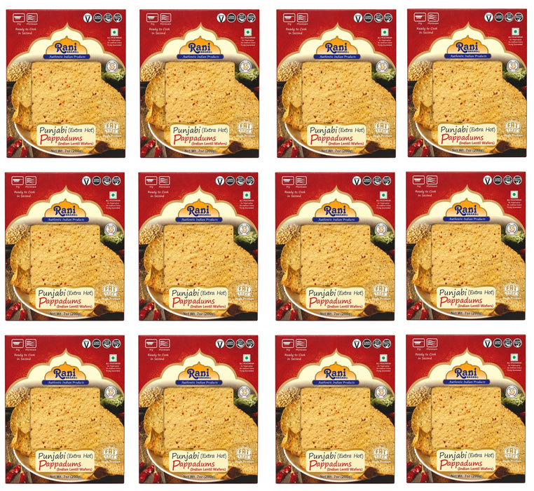 Rani Pappadums (Indian Lentil Wafer Snack) Punjabi Papad - Extra Hot, 7oz (200g) Approximately 15pc, 7 inches, Pack of 12 ~ All Natural | Gluten Friendly | NON-GMO | Vegan