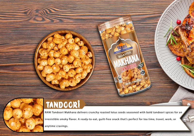Rani Roasted Makhana (Fox Nut/Popped Lotus Seed) Tandoori Flavor 2.6oz (75g) Ready to eat, Hand Picked Foxnuts ~ High in Protein | Vegan | Gluten Friendly | NON-GMO | Kosher | Indian Origin