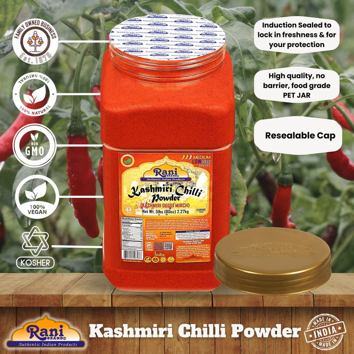 Rani Kashmiri Chilli Powder (Deggi Mirch,Low Heat) Ground Indian Spice 80oz (5lbs) 2.27kg PET Jar ~ All Natural | Salt-Free | Vegan | Kosher | Gluten Friendly | Perfect for Deviled Eggs & Other Low Heat Dishes