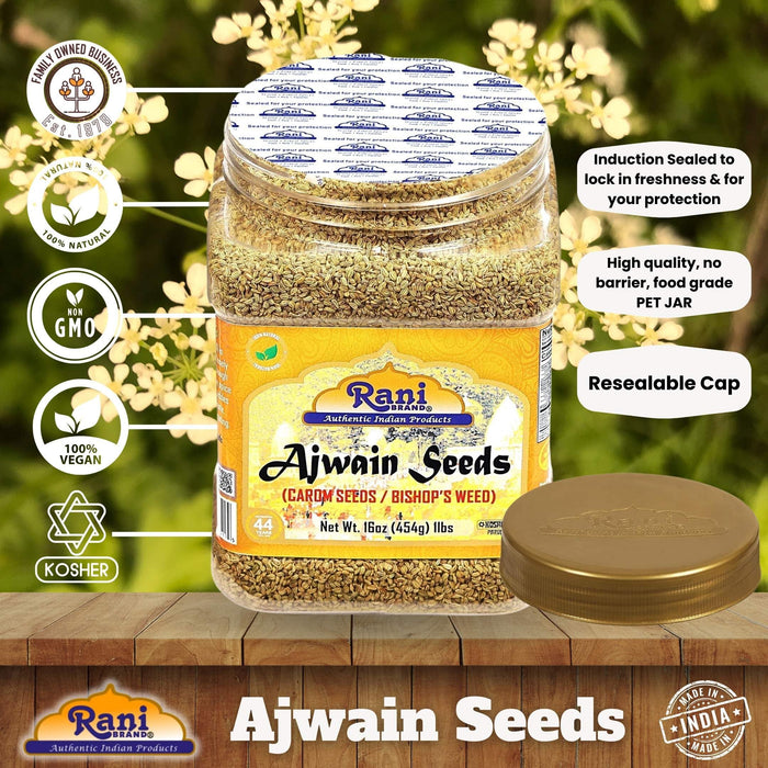 Rani Ajwain Seeds (Carom Bishops Weed) Spice Whole 16oz (1lb) 454g PET Jar ~ Natural | Vegan | Gluten Friendly | NON-GMO | Kosher | Indian Origin