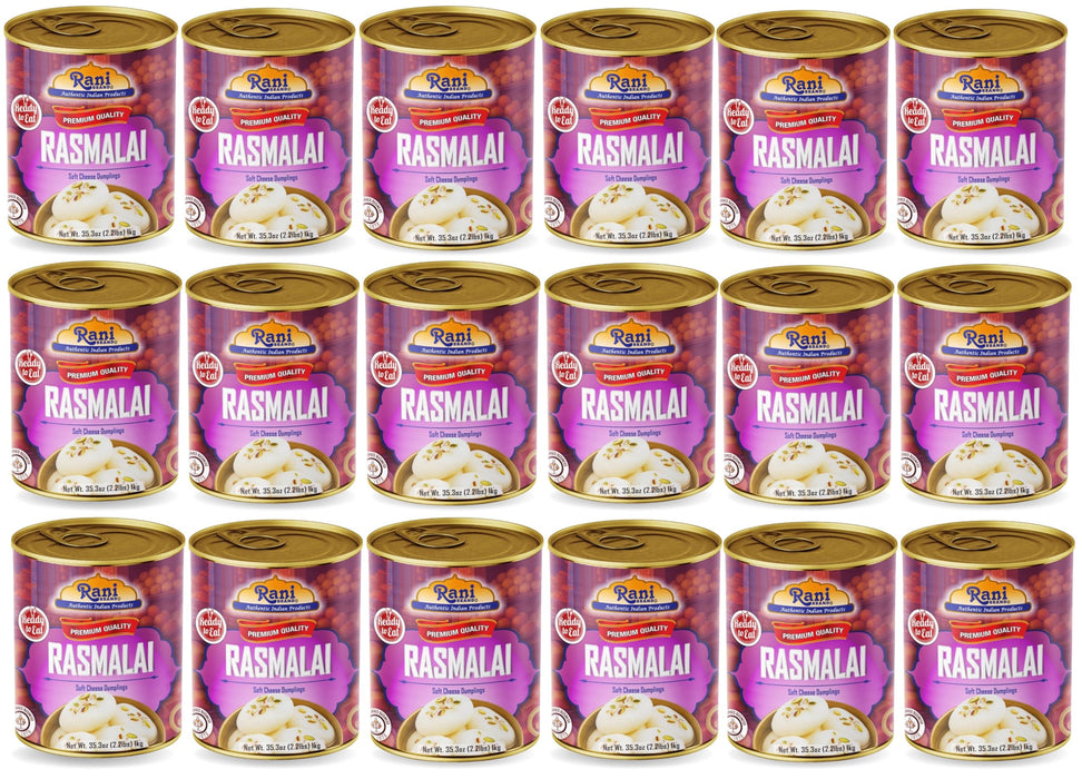 Rani Rasmalai (Soft Cheese Dumplings) 35.3oz (2.2lbs) 1kg Pack of 18, Approximately 14 pieces, Easy Open Lid ~ Ready to eat | Gluten Free | Non-GMO | Kosher | Indian Origin