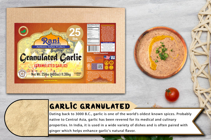 Rani Granulated Garlic (Coarse Ground Garlic) 400oz (25lbs) 11.36kg Bulk Box ~ All Natural | Gluten Friendly | Vegan | NON-GMO | Kosher | No Salt or fillers | Product of USA