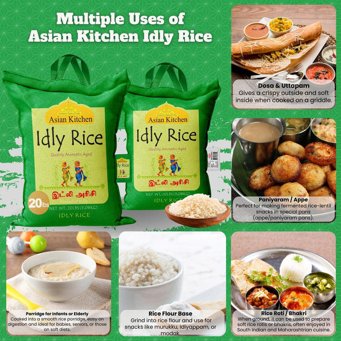 Asian Kitchen Idly (Idli) Rice 20-Pound Bag, 20lbs (9.08kg) Short Grain Rice ~ All Natural | Gluten Friendly | Vegan | Indian Origin | Export Quality
