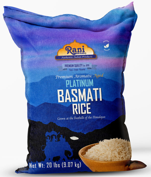 Rani Platinum White Basmati Rice Extra Long Aged 20-Pound Bag, 320oz (20lbs) 9.08kg ~ All Natural | Gluten Friendly | Vegan | Indian Origin | Kosher | Export Quality