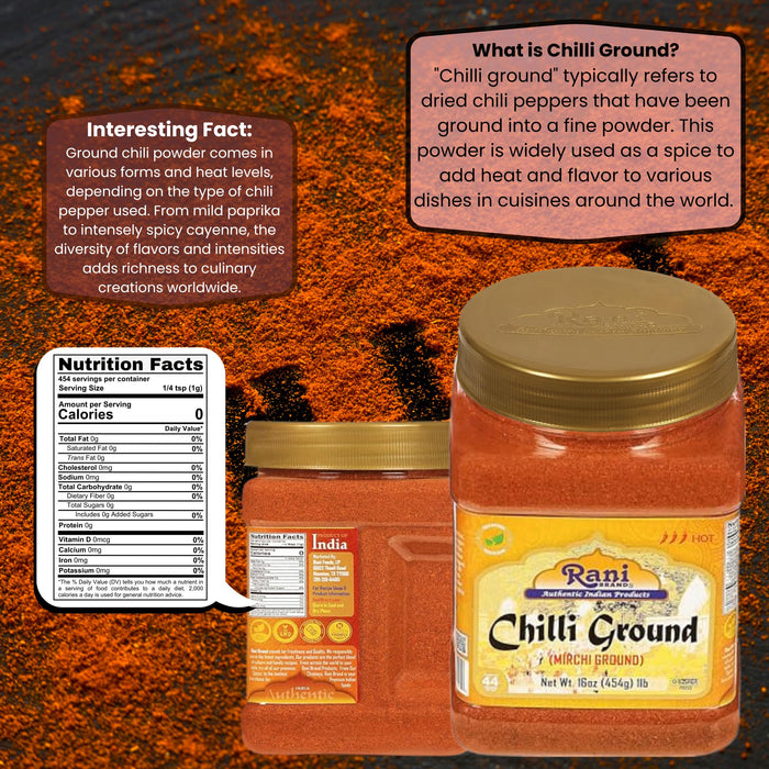 Rani Chilli Powder (Mirchi) Ground Indian Spice 16oz (1lb) 454g PET Jar ~ All Natural | Salt-Free | Vegan | No Colors | Gluten Friendly | NON-GMO | Kosher | Indian Origin