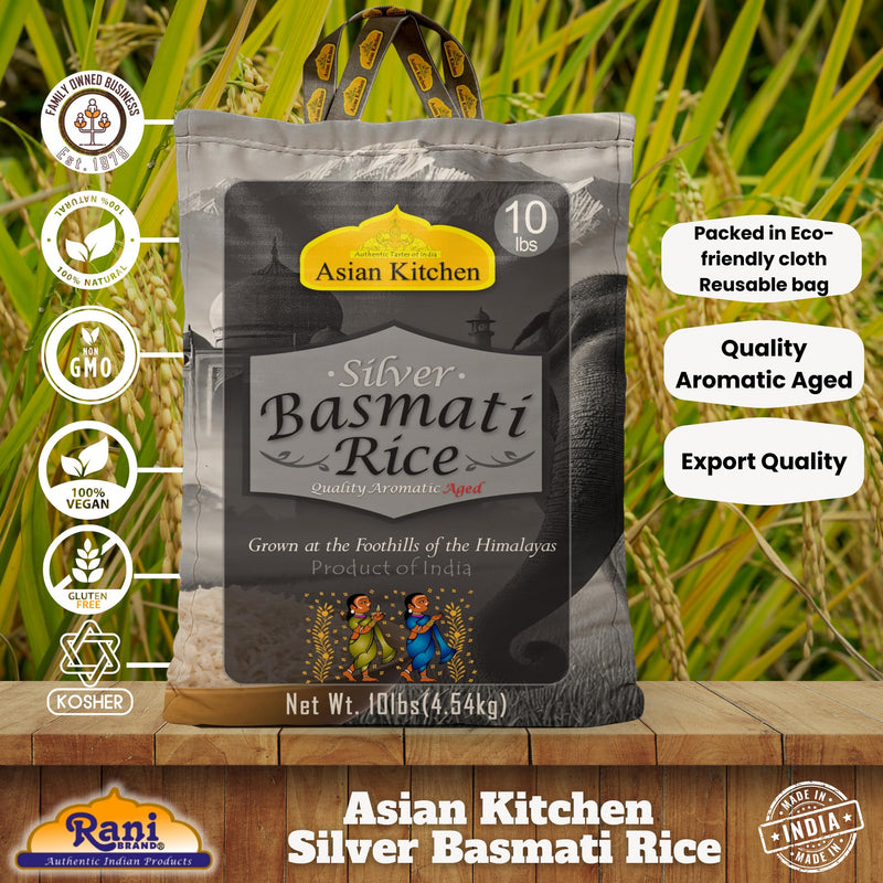 Asian Kitchen Silver White Basmati Rice Aged, 10 Pound (10lbs, 4.54kg) ~ All Natural | Gluten Friendly | Vegan | Indian Origin | Export Quality