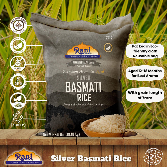 Rani Silver White Basmati Rice Extra Long Aged 40-Pound Bag, 640oz (40lbs) 18.16kg ~ All Natural | Gluten Friendly | Vegan | Indian Origin | Kosher | Export Quality