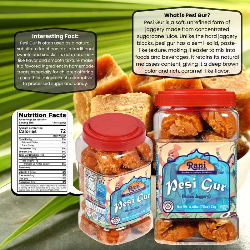 Rani Pesi Gur (Jaggery) Indian Unrefined Raw Cane Sugar 70oz (4.4lbs) 2kg PET Jar ~ Gluten Friendly | Vegan | NON-GMO | Kosher | No Salt or fillers | Indian Product