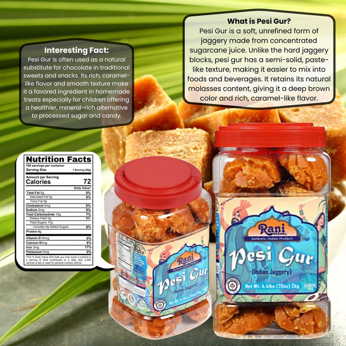 Rani Pesi Gur (Jaggery) Indian Unrefined Raw Cane Sugar 70oz (4.4lbs) 2kg PET Jar ~ Gluten Friendly | Vegan | NON-GMO | Kosher | No Salt or fillers | Indian Product