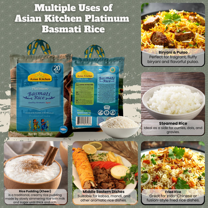 Asian Kitchen Platinum White Basmati Rice Extra Long Aged 20lbs (9.08kg) ~ All Natural | Gluten Friendly | Vegan | Indian Origin | Export Quality