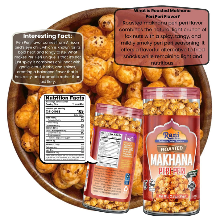 Rani Roasted Makhana (Fox Nut/Popped Lotus Seed) Peri Peri Flavor 2.6oz (75g) Ready to eat, Hand Picked Foxnuts ~ High in Protein | Vegan | Gluten Friendly | NON-GMO | Kosher | Indian Origin