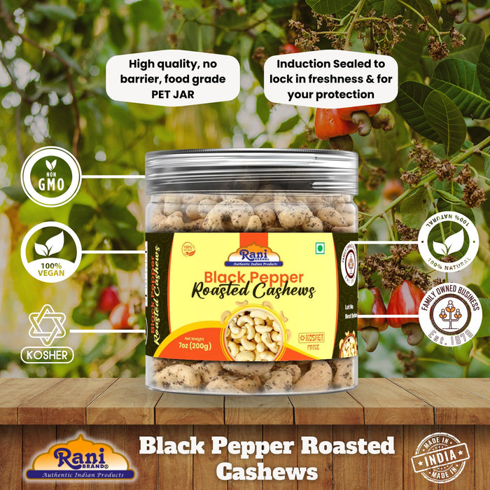 Rani Black Pepper Roasted Cashews 7oz (200g) PET Jar, Non-Fried, Oil Free ~ All Natural | Vegan | Gluten Friendly | NON-GMO | Kosher | Air Roasted, Crunchy & Flavorful