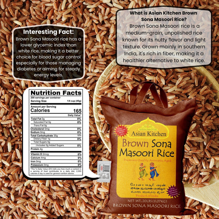Asian Kitchen Brown Sona Masoori Aged Rice 20lbs (9.08kg) Short Grain Rice ~ All Natural | Gluten Friendly | Vegan | Kosher | Indian Origin | Export Quality