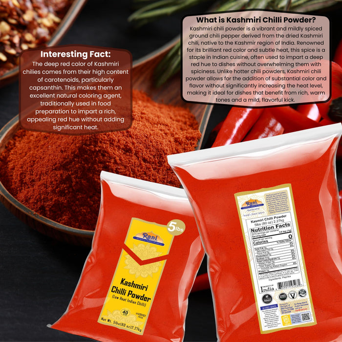 Rani Kashmiri Chilli Powder (Deggi Mirch, Low Heat) Ground Indian Spice 80oz (5lbs) 2.27kg ~ Natural | Salt-Free | Kosher | Vegan | Gluten Friendly | Perfect for Deviled Eggs & Other Low Heat Dishes