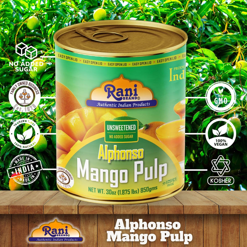 Rani Mango Pulp Puree (Makes Mango Lassi Shakes) Alphonso Unsweetened 30oz (1.875lbs) 850g Pack of 6 ~ Kosher | All Natural | NON-GMO | Vegan | No colors | Gluten Friendly | Indian Origin
