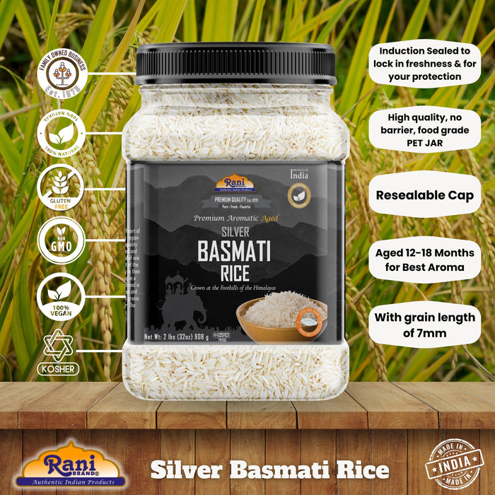 Rani Silver White Basmati Rice Extra Long Aged 32oz (2lbs) 908g PET Jar ~ All Natural | Gluten Friendly | Vegan | Indian Origin | Kosher | Export Quality