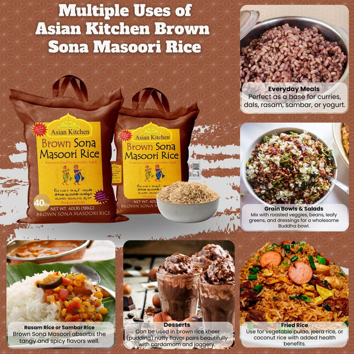 Asian Kitchen Brown Sona Masoori Aged Rice 40-Pound Bag, 40lbs (18.14kg) Short Grain Rice ~ All Natural | Gluten Friendly | Vegan | Kosher | Indian Origin | Export Quality