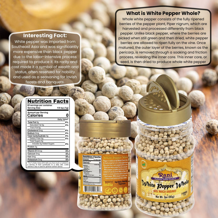 Rani White Pepper (Peppercorns) Whole, Spice 3oz (85g) ~ All Natural | Vegan | Gluten Friendly| NON-GMO | Kosher | Indian Origin