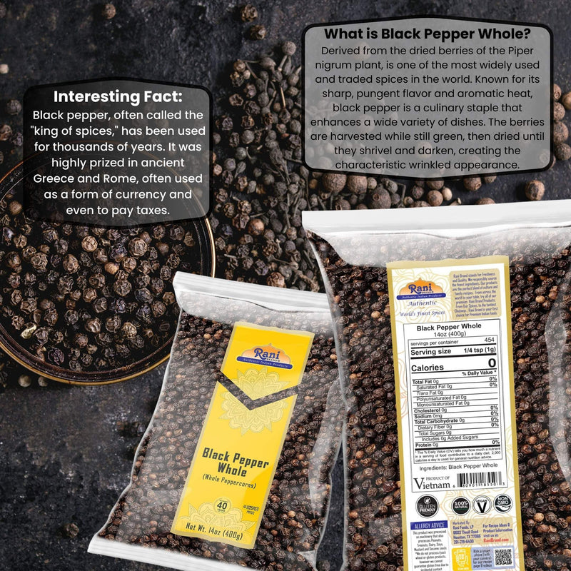 Rani Black Pepper Whole (Peppercorns), Premium Bold Tellicherry Quality 14oz (400g) ~ All Natural | Gluten Friendly | Non-GMO | Kosher | Product of Vietnam | Perfect size for Grinders!