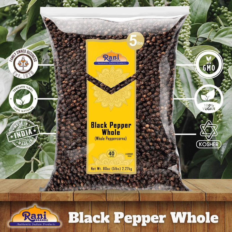 Rani Black Pepper Whole (Peppercorns), Premium Bold Tellicherry Quality 80oz (5lbs) 2.27kg Bulk ~ All Natural | Gluten Friendly | Non-GMO | Kosher | Product of Vietnam | Perfect size for Grinders!