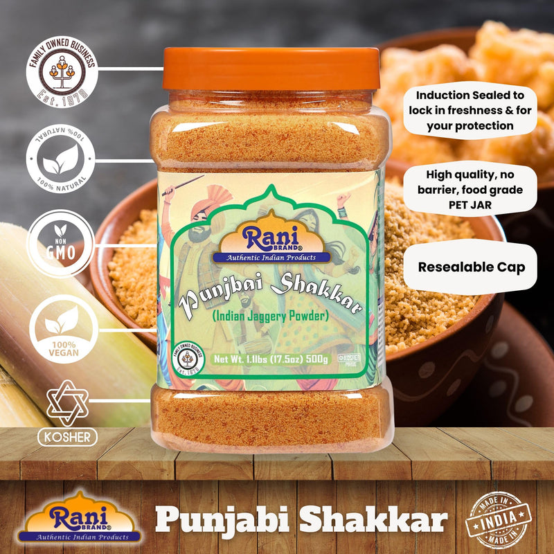 Rani Punjabi Shakkar (Gur Jaggery Powder) Indian Unrefined Raw Cane Sugar 17.5oz (1.1lbs) 500g PET Jar ~ Gluten Friendly | Vegan |  Kosher | NON-GMO | No Salt or fillers | Indian Product