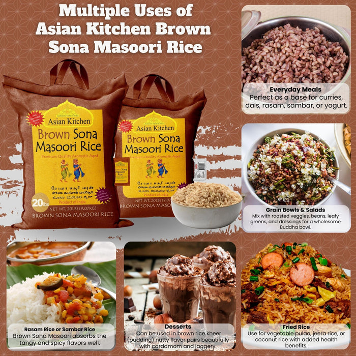 Asian Kitchen Brown Sona Masoori Aged Rice 20lbs (9.08kg) Short Grain Rice ~ All Natural | Gluten Friendly | Vegan | Kosher | Indian Origin | Export Quality