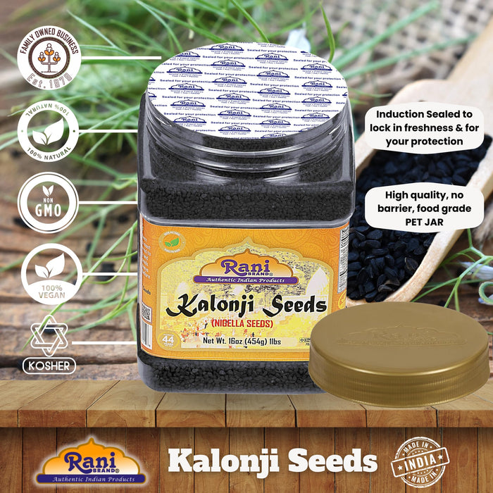 Rani Kalonji Seeds Whole (Black Seed, Nigella Sativa, Black Cumin) 16oz (1lb ) 454g PET Jar ~ All Natural | Gluten Friendly | NON-GMO | Kosher | Vegan