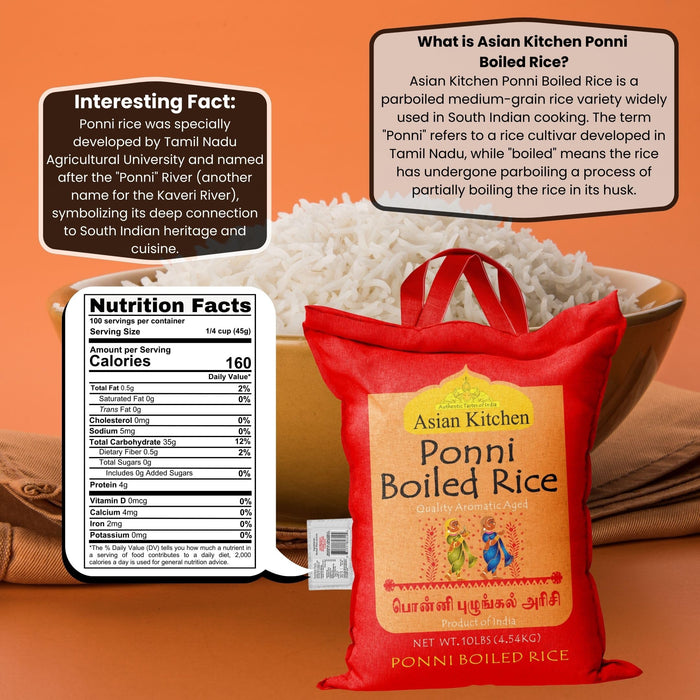 Asian Kitchen Ponni Boiled Rice 10-Pound Bag, 10lbs (4.54kg) Short Grain Par Boiled Rice ~ Natural | Gluten Friendly | Vegan
