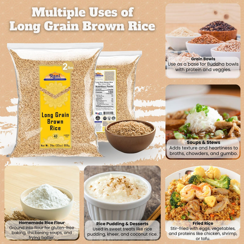 Rani Long Grain Brown Rice 32oz (2lbs) 908g ~ All Natural | Gluten Friendly | Vegan | Non-GMO | Kosher | Product of USA