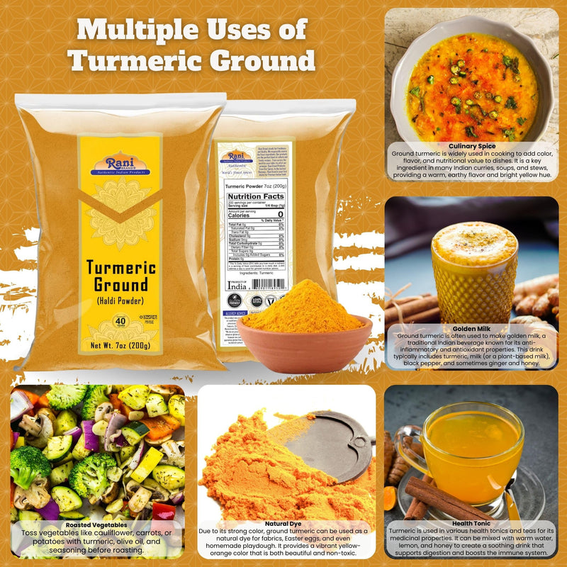 Rani Turmeric (Haldi) Root Powder Spice, (High Curcumin Content) 7oz (200g) ~ All Natural | 100% Pure, Salt Free | Vegan | Gluten Friendly | NON-GMO | Kosher
