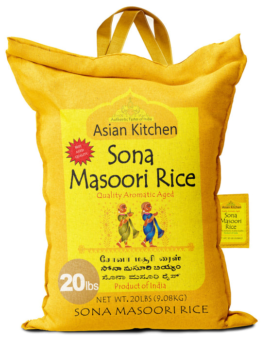 Asian Kitchen White Sona Masoori Aged Rice 20lbs (9.08kg) Short Grain Rice ~ All Natural | Gluten Friendly | Vegan | Indian Origin | Export Quality