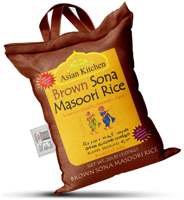 Asian Kitchen Brown Sona Masoori Aged Rice 20lbs (9.08kg) Short Grain Rice ~ All Natural | Gluten Friendly | Vegan | Kosher | Indian Origin | Export Quality