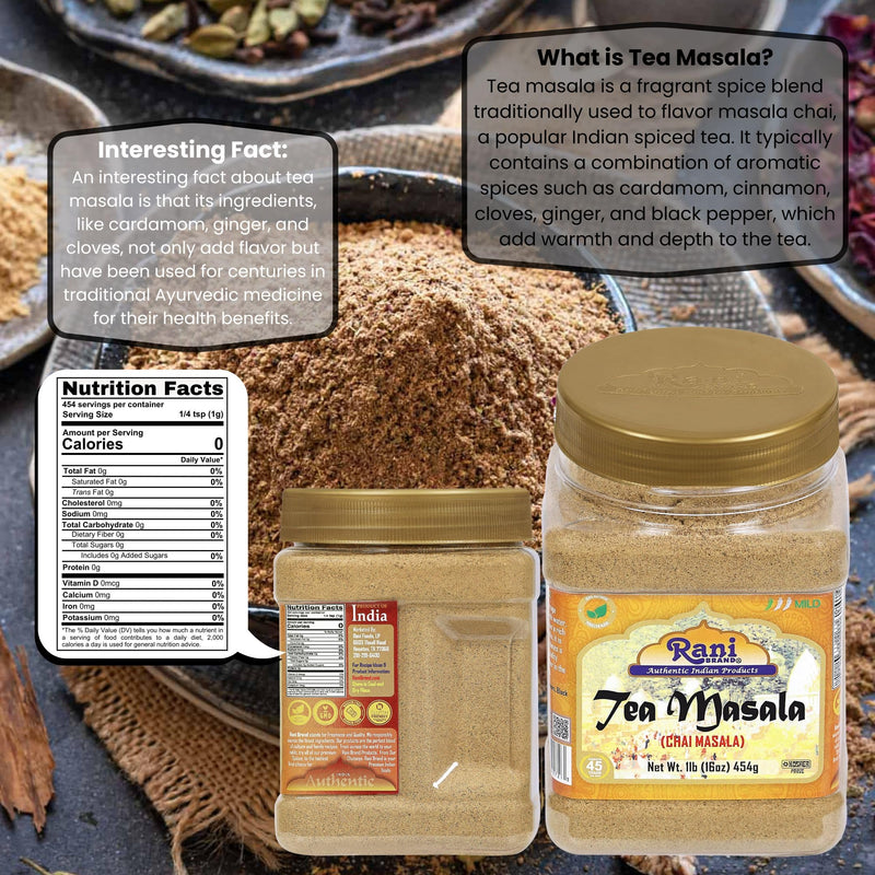 Rani Tea (Chai) Masala 16oz (1lb) 454g Bulk PET Jar ~ All Natural | Vegan | Gluten Friendly | Salt & Sugar Free | NON-GMO | Kosher | No Colors | Indian Origin