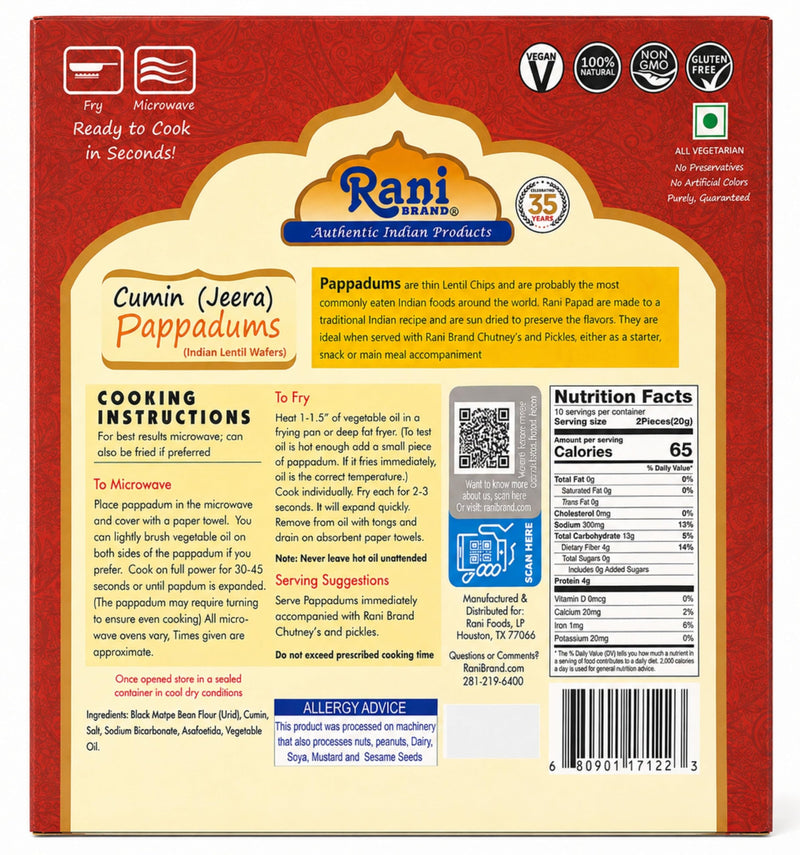 Rani Pappadums (Indian Lentil Wafer Snack) Jeera (Cumin) Papad 7oz (200g) Approximately 15pc, 7 inches, Pack of 2 ~ All Natural | Gluten Friendly