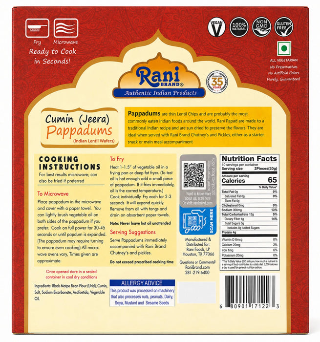 Rani Pappadums (Indian Lentil Wafer Snack) Jeera (Cumin) Papad 7oz (200g) Approximately 15pc, 7 inches, Pack of 2 ~ All Natural | Gluten Friendly
