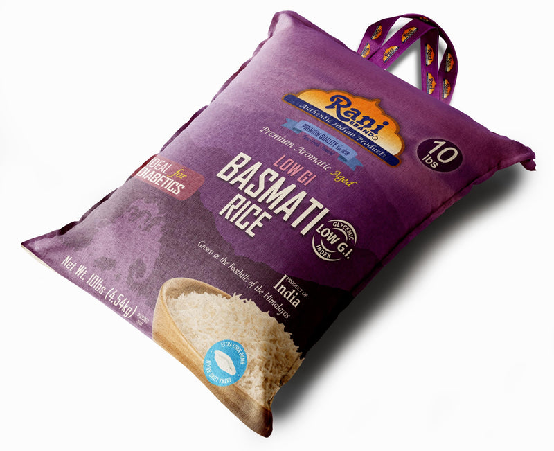 Rani White Basmati Rice Low GI (Glycemic Index) Extra Long Aged, Ideal for Diabetics, 10lbs (160oz) Pack of 4 Cloth Bag ~ All Natural | Gluten Free | Vegan | Indian Origin | Export Quality