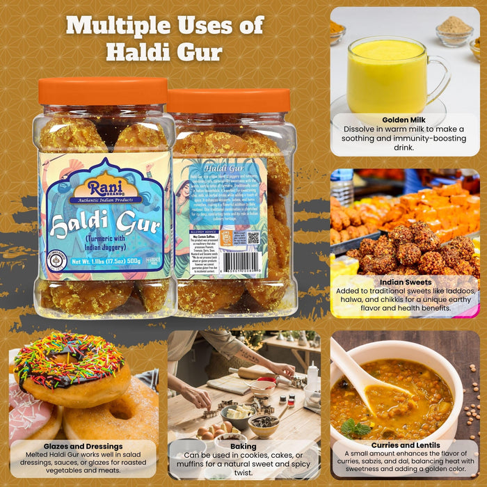 Rani Haldi Gur (Turmeric with Indian Jaggery) Indian Unrefined Raw Cane Sugar 17.5oz (1.1lbs) 500g PET Jar ~ Gluten Friendly | Vegan | NON-GMO | Kosher | No Salt or fillers | Indian Product