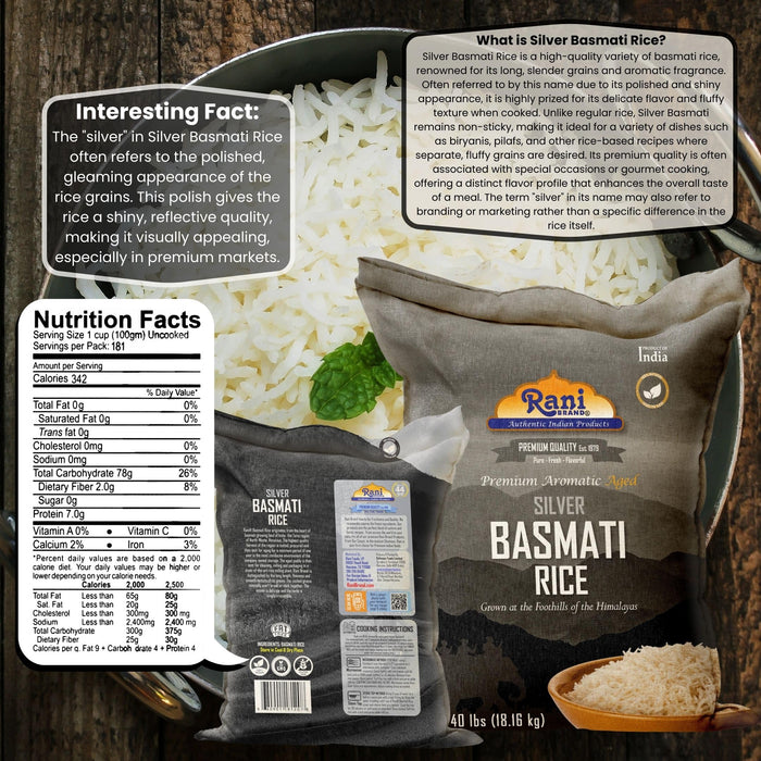 Rani Silver White Basmati Rice Extra Long Aged 40-Pound Bag, 640oz (40lbs) 18.16kg ~ All Natural | Gluten Friendly | Vegan | Indian Origin | Kosher | Export Quality