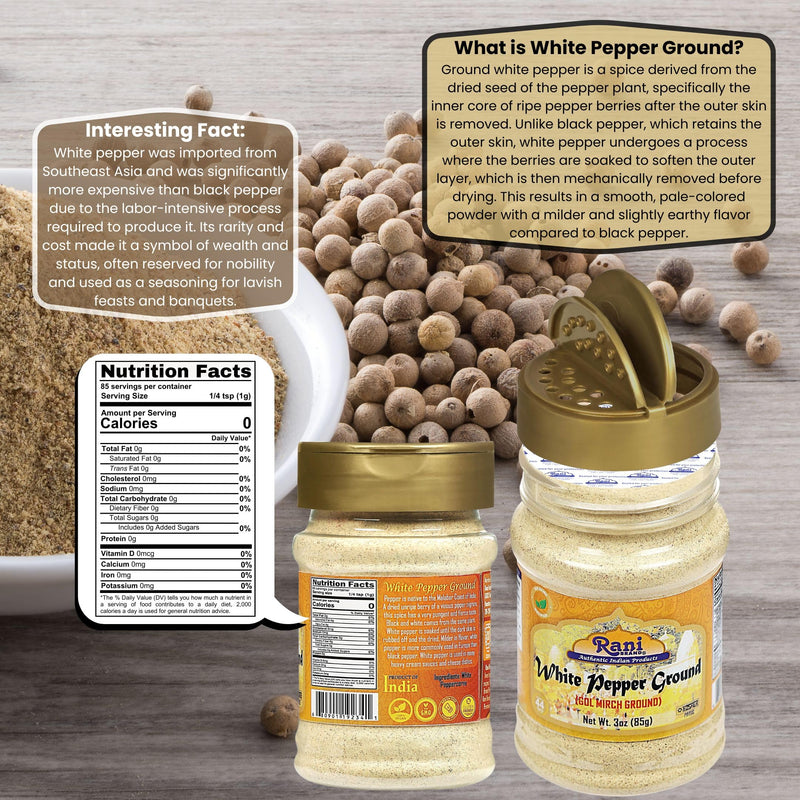 Rani White Pepper (Peppercorns) Ground, Spice 3oz (85g) ~ All Natural | Vegan | Gluten Friendly | NON-GMO | Kosher | Indian Origin