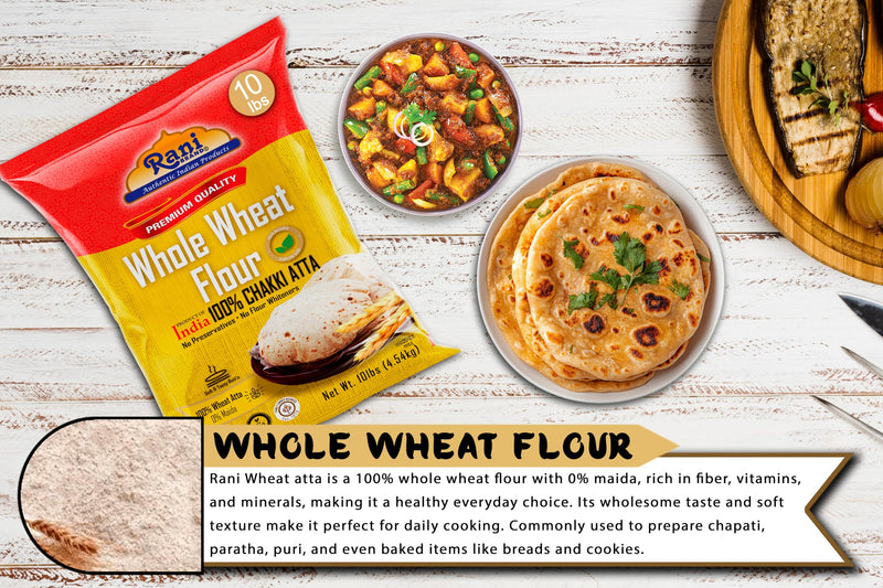 Rani Chapati Flour (100% Pure Whole Wheat Chakki Atta), For Making Roti & Indian Breads 160oz (10lbs) 4.54kg Bulk ~ Stone Ground, All Natural | Vegan | No Salt or Colors | NON-GMO | Indian Origin