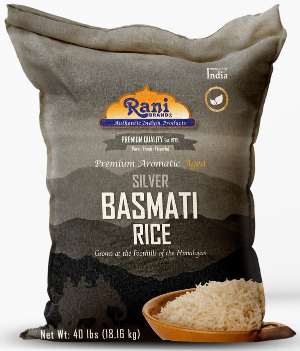 Rani Silver White Basmati Rice Extra Long Aged 40-Pound Bag, 640oz (40lbs) 18.16kg ~ All Natural | Gluten Friendly | Vegan | Indian Origin | Kosher | Export Quality