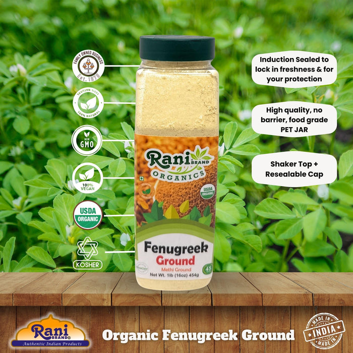 Rani Organic Fenugreek (Methi) Seeds Ground Powder 16oz (1lb) 454g Jar, Trigonella foenum graecum ~ All Natural | Vegan | Gluten Friendly | Non-GMO | Kosher | Indian Origin | USDA Certified Organic