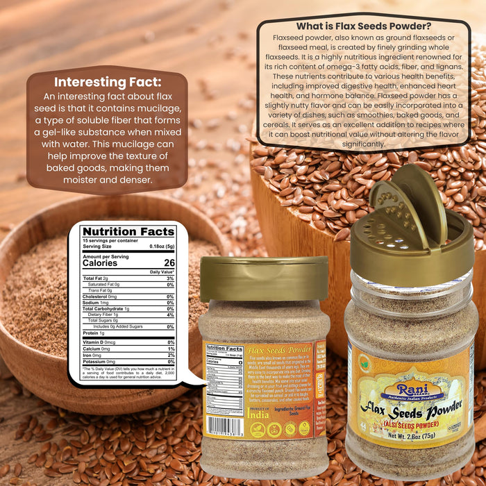 Rani Flax Seeds Powder (Alsi, Linum usitatissimum) 2.6oz (75g) PET Jar | All Natural ~ Gluten Free Ingredients | Non-GMO | Kosher | Vegan | Indian Origin