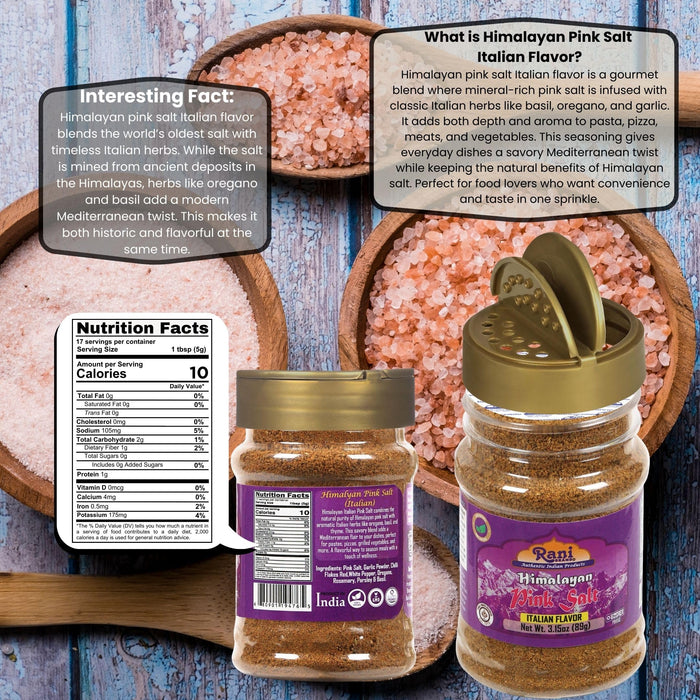 Rani Himalayan Pink Salt Italian Flavor (84 Essential Trace Minerals) 3.15oz (89g) PET Jar ~ All Natural | Vegan | Gluten Friendly | NON-GMO | Indian Origin