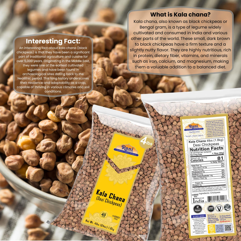 Rani Kala Chana (Desi Chickpeas Chana with skin) 64oz (4lbs) 1.81kg ~ All Natural | Gluten Friendly | NON-GMO | Vegan | Kosher | Indian Origin